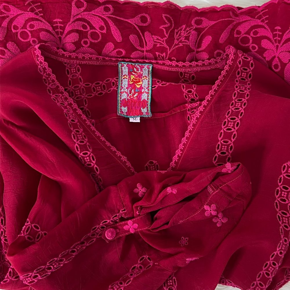 Johnny Was Crimson Blouse fuschia embroidery with Eyelet Trim Long Sleeve Medium - Picture 4 of 16